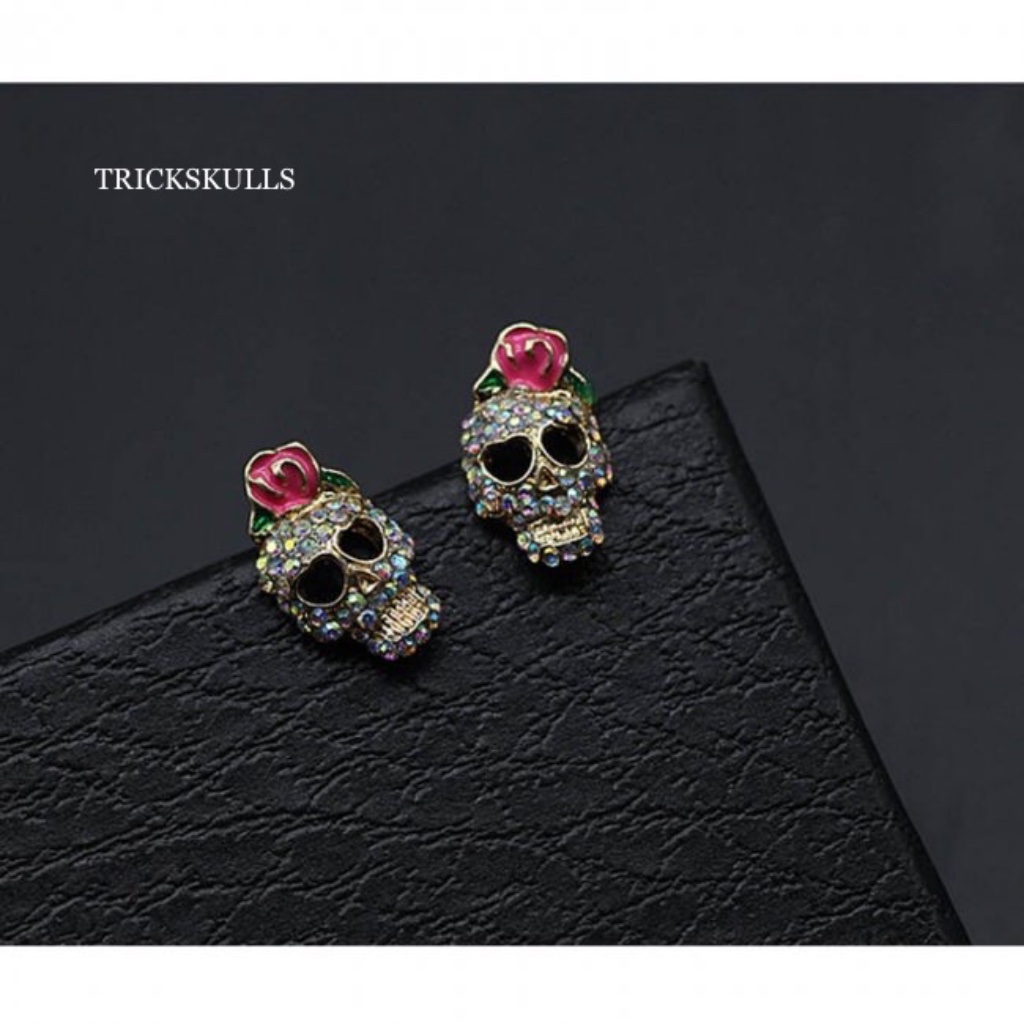 Colorful Rhinestone Crystal Pink Enamel Rose Retro Skull Skulls Stud Earrings 14$